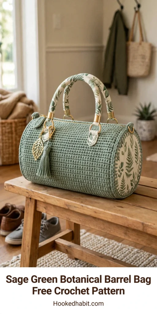 Sage green botanical barrel bag with fabric-wrapped handles