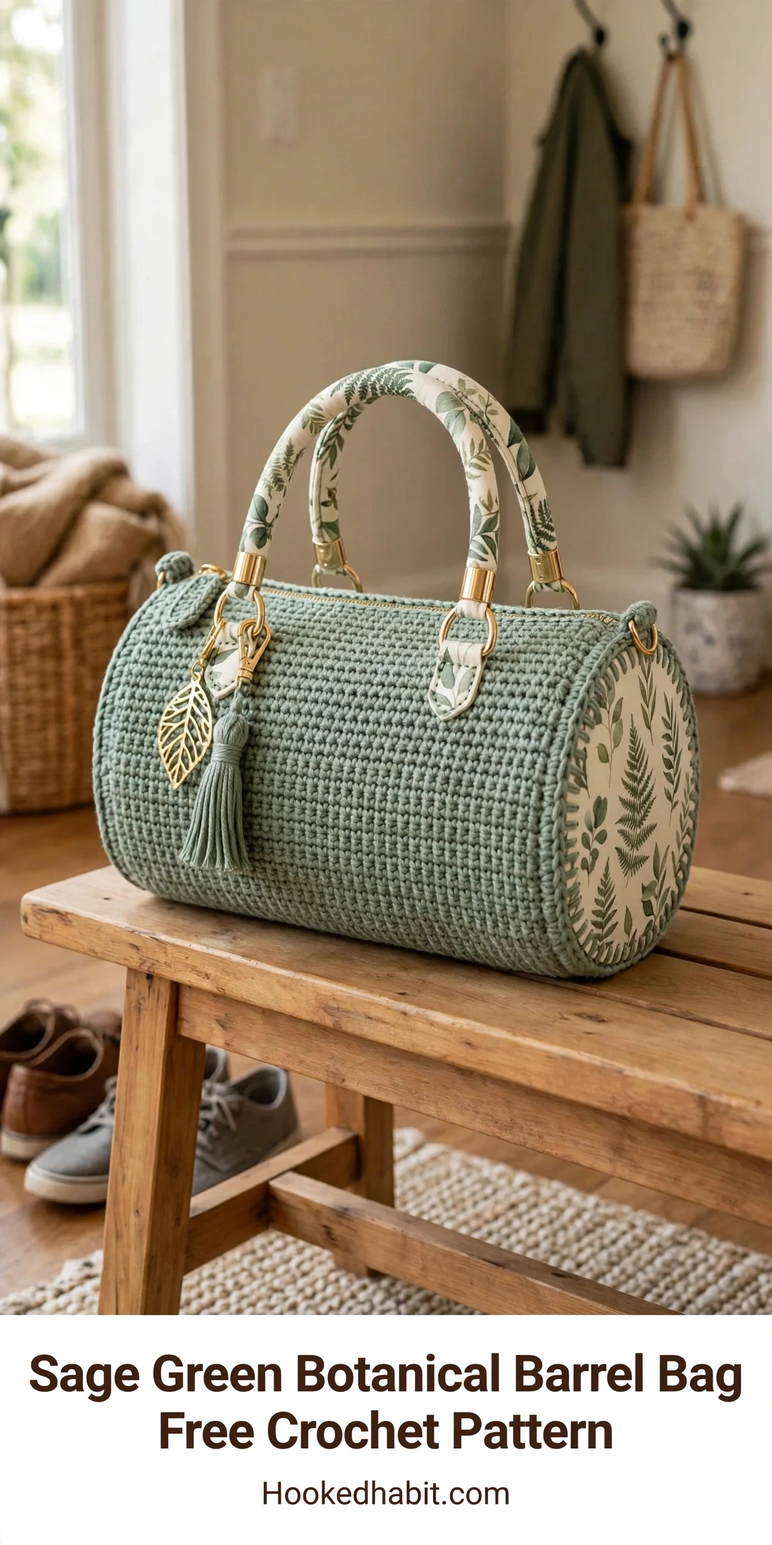 Sage green botanical barrel bag with fabric-wrapped handles