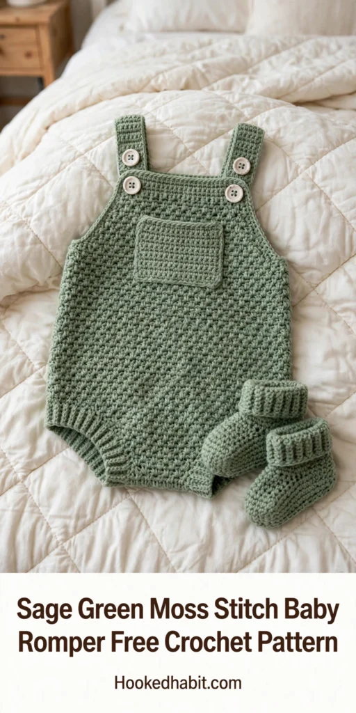 Sage green moss stitch baby romper with booties
