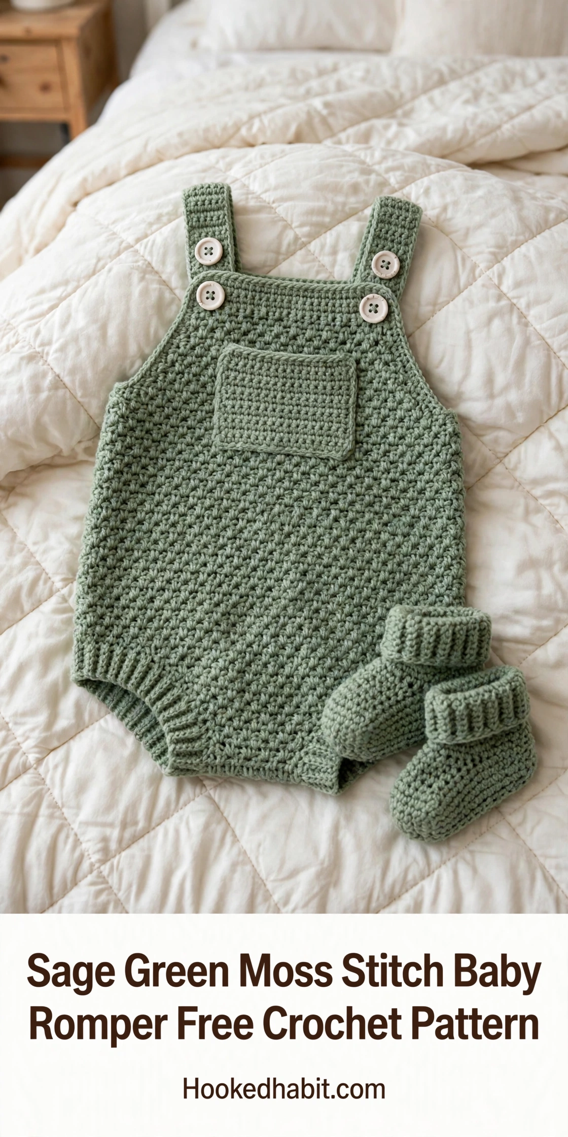 Sage green moss stitch baby romper with booties