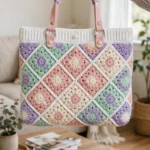 Pastel spring granny square purse with diagonal diamond lattice