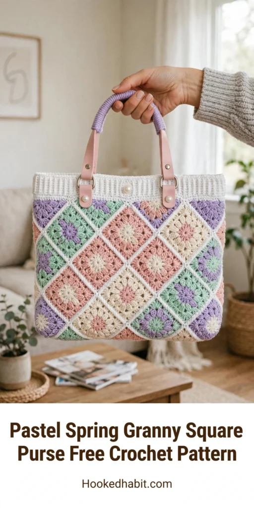Pastel spring granny square purse with diagonal diamond lattice