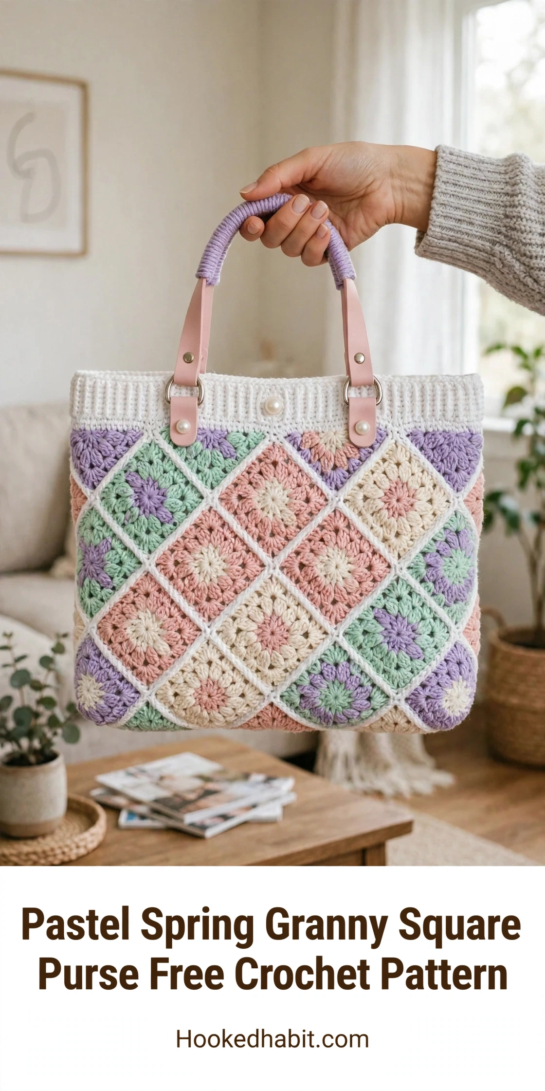 Pastel spring granny square purse with diagonal diamond lattice