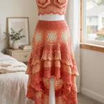Coral sunset mandala crochet two-piece set with flower bandeau top