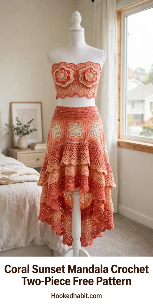 Coral sunset mandala crochet two-piece set with flower bandeau top