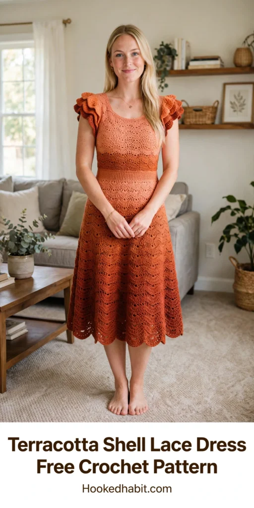 Sunset orange ruffle crochet dress with shell lace skirt