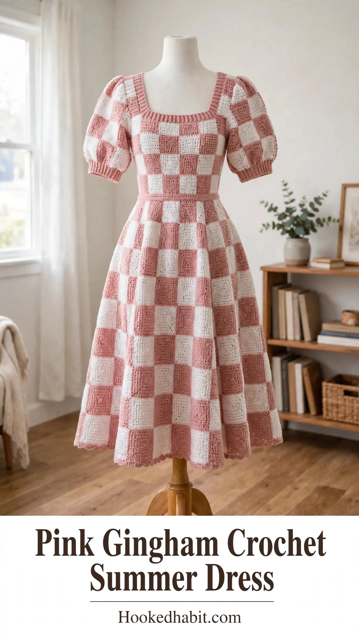 Pink Gingham Crochet Summer Dress