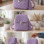 Lavender crocheted mini backpack with starburst stitch texture and metal turn-lock clasp