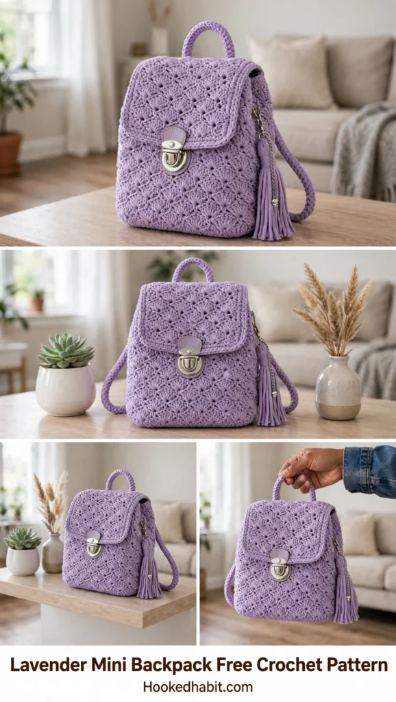 Lavender crocheted mini backpack with starburst stitch texture and metal turn-lock clasp