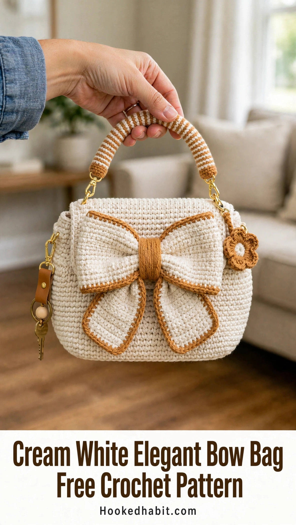 Cream white crocheted bow handbag with caramel edging, striped handle, and gold hardware