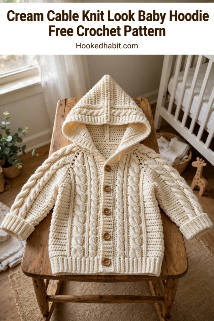 Cream Cable Knit Look Baby Hoodie Free Crochet Pattern