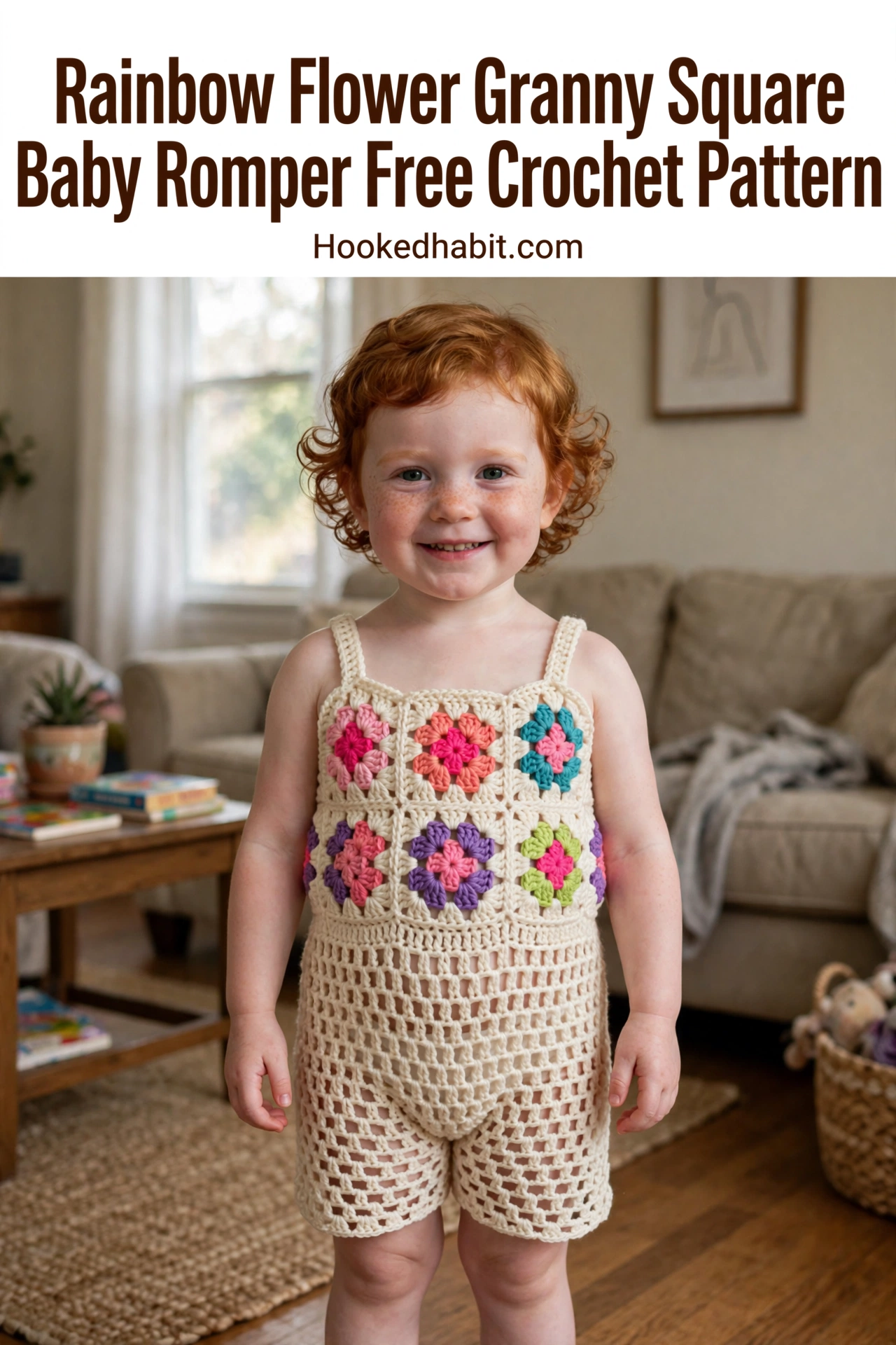 Rainbow Flower Granny Square Baby Romper Free Crochet Pattern