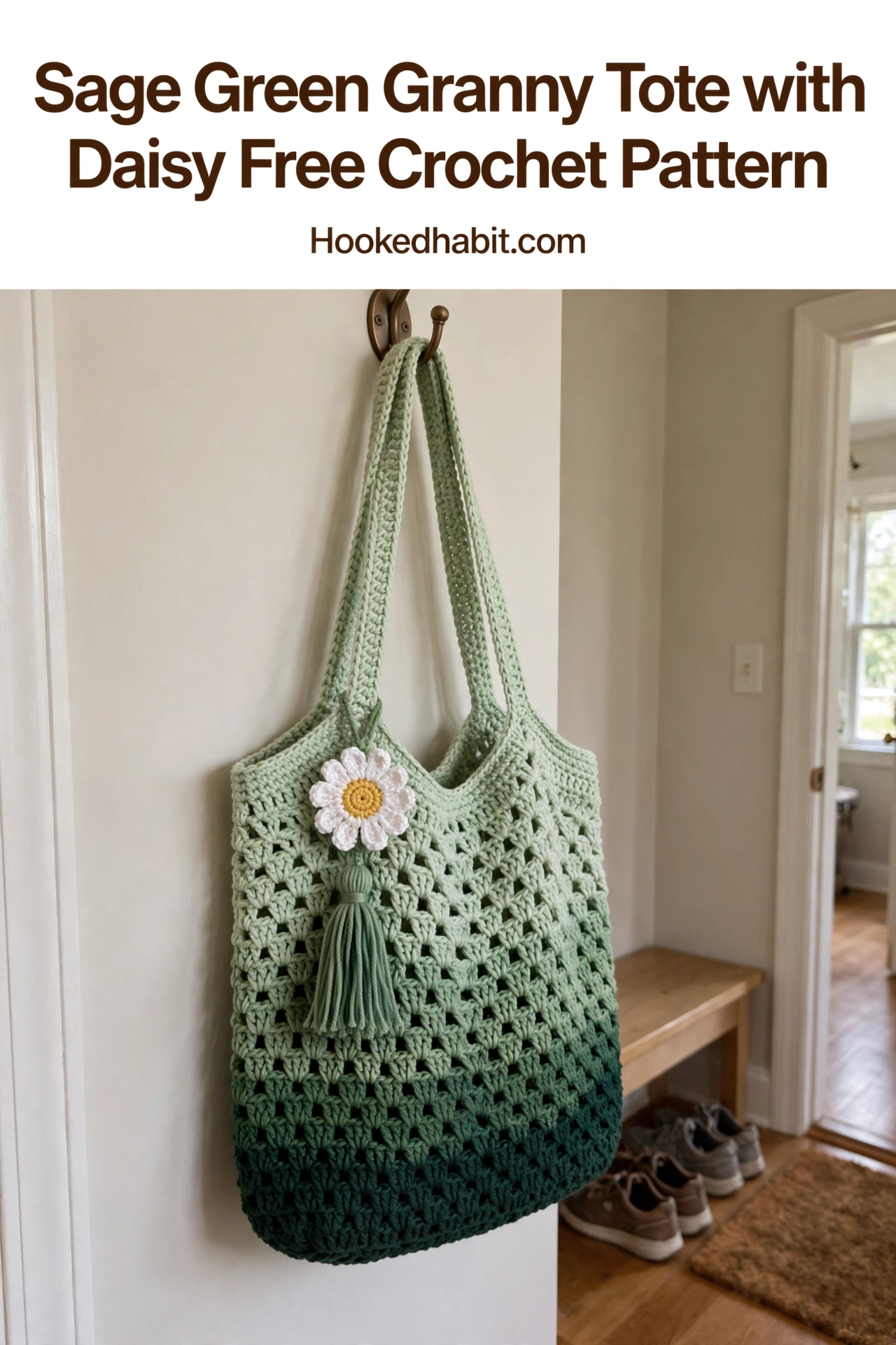 Sage Green Granny Tote with Daisy Free Crochet Pattern