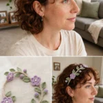 Woman wearing a lavender crocheted wildflower crown with sage leaves and pearl beads