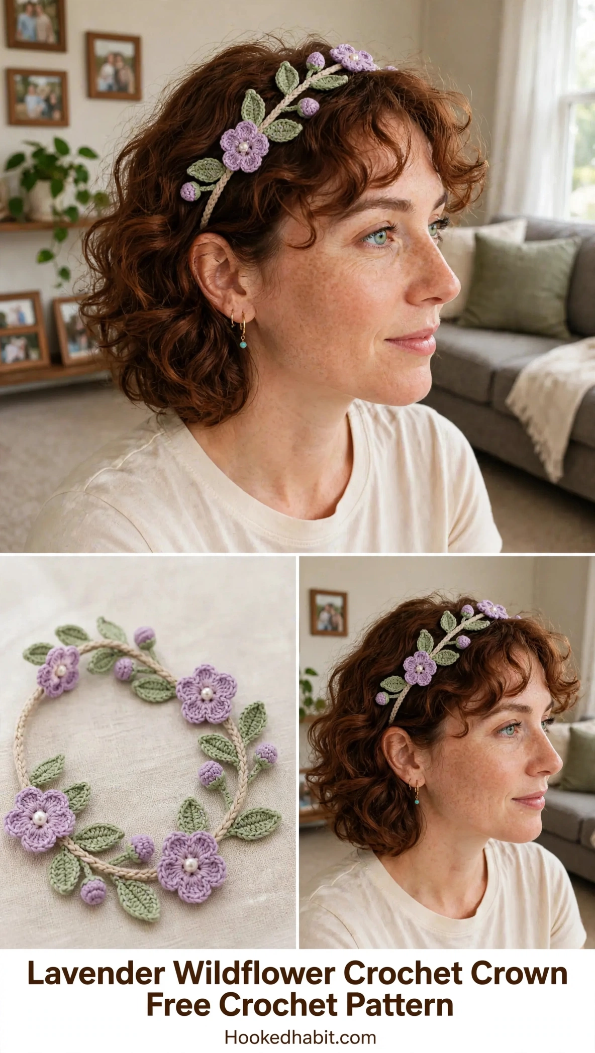 Woman wearing a lavender crocheted wildflower crown with sage leaves and pearl beads