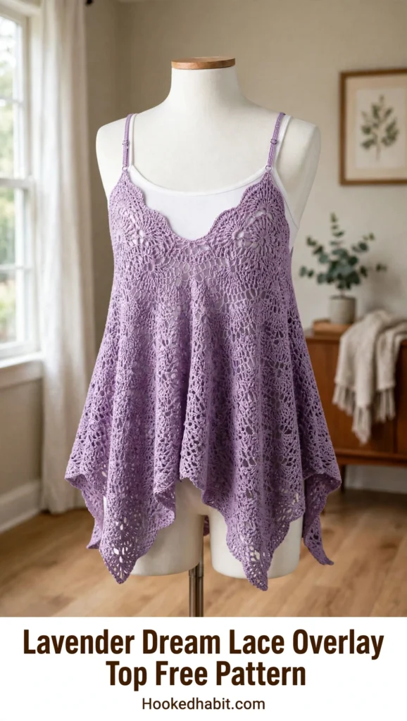Lavender dream lace overlay top in soft lilac on a dress form