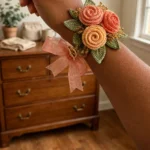Sunset peach rose bracelet worn on the wrist with peach roses and green leaves