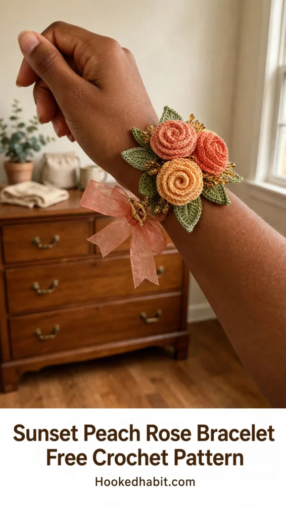 Sunset peach rose bracelet worn on the wrist with peach roses and green leaves