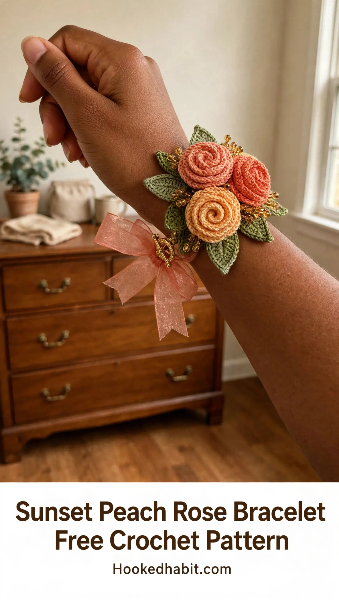 Sunset peach rose bracelet worn on the wrist with peach roses and green leaves