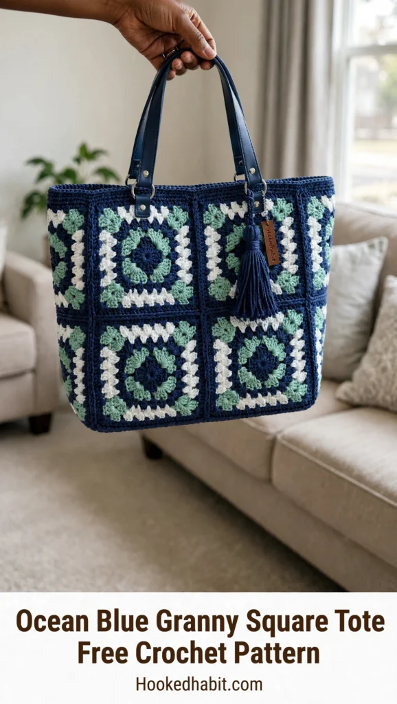 Ocean blue granny square tote with navy leather handles