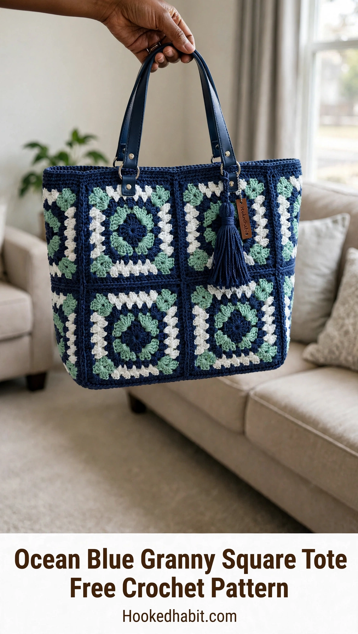 Ocean blue granny square tote with navy leather handles
