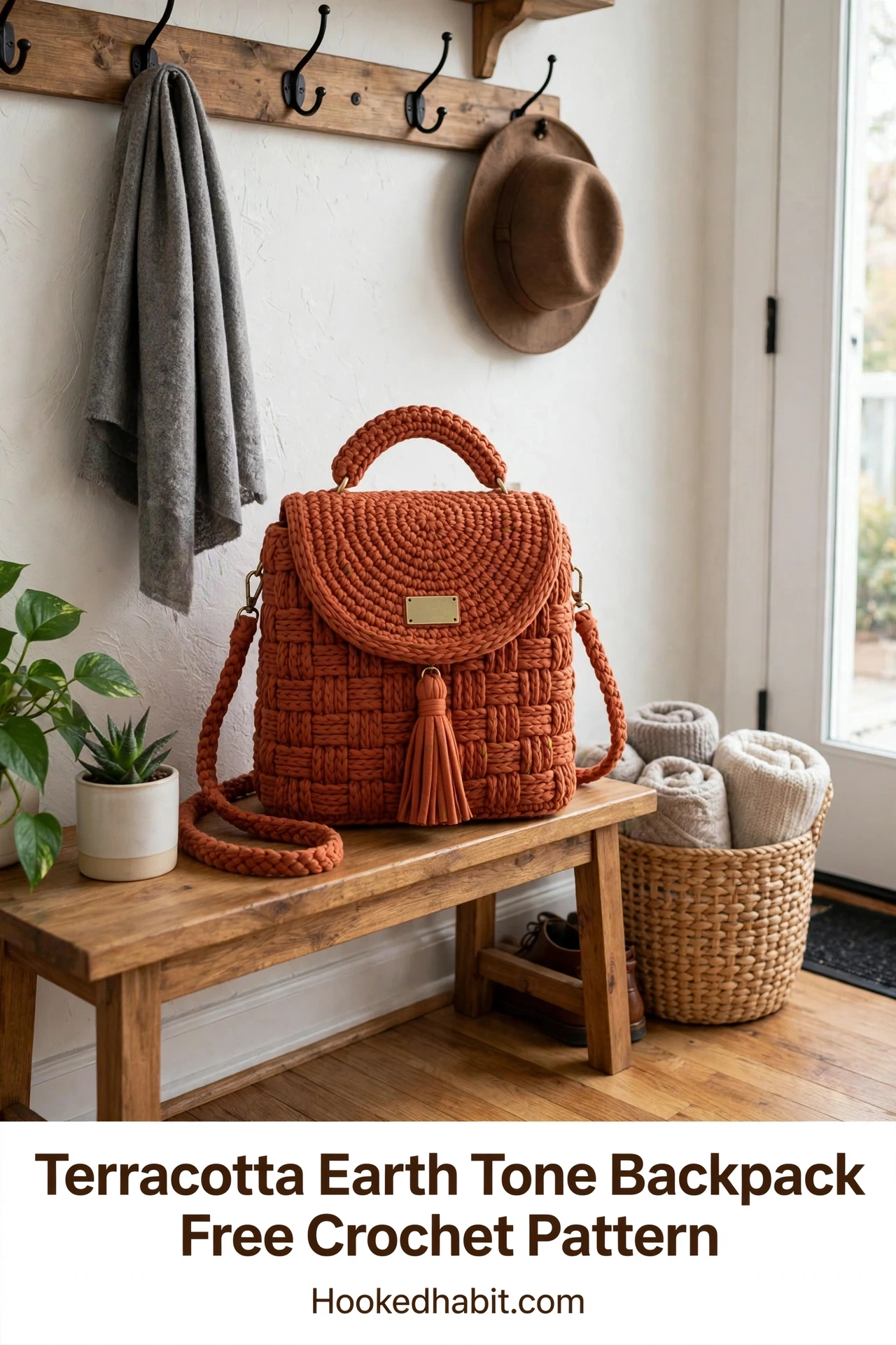 Terracotta basketweave crochet backpack with brass hardware