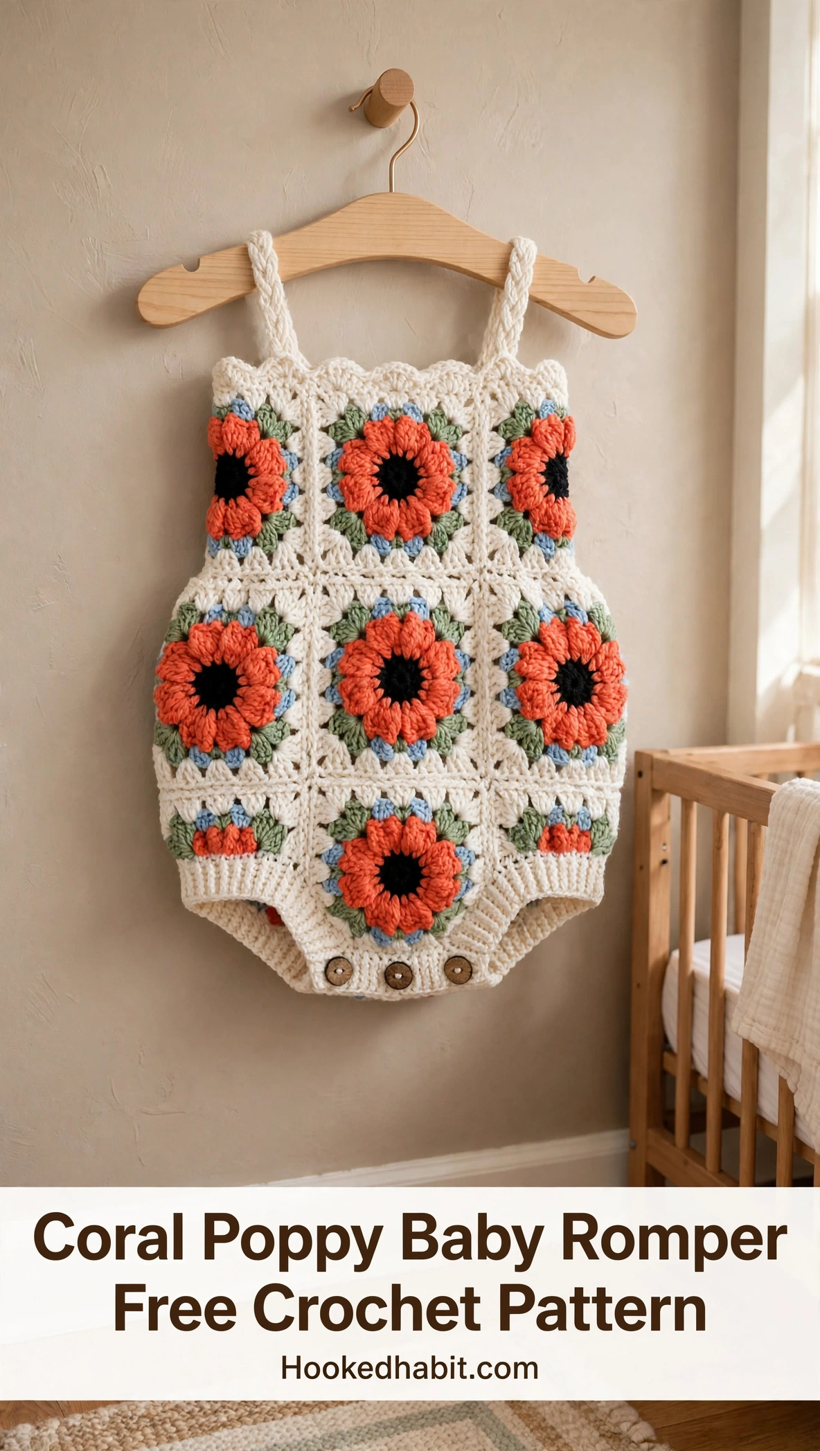 Coral poppy granny square baby romper on a hanger