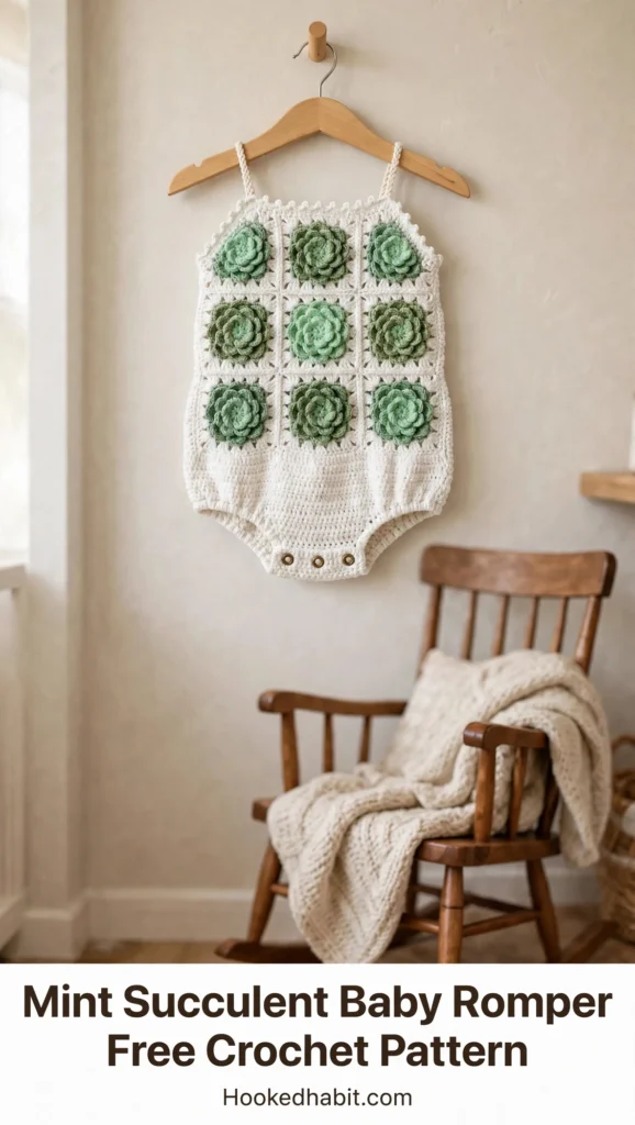 Mint succulent baby romper on a hanger