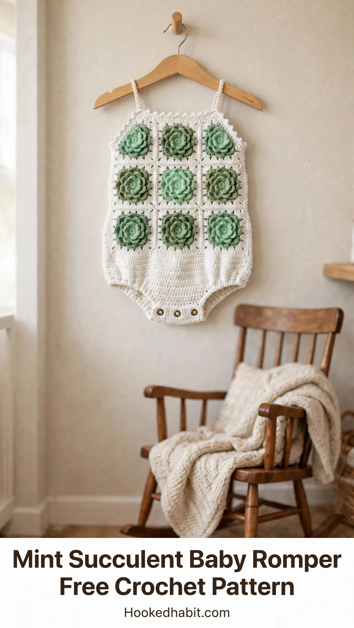 Mint succulent baby romper on a hanger