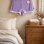 Lavender Garden crochet shorts with white scallop trim