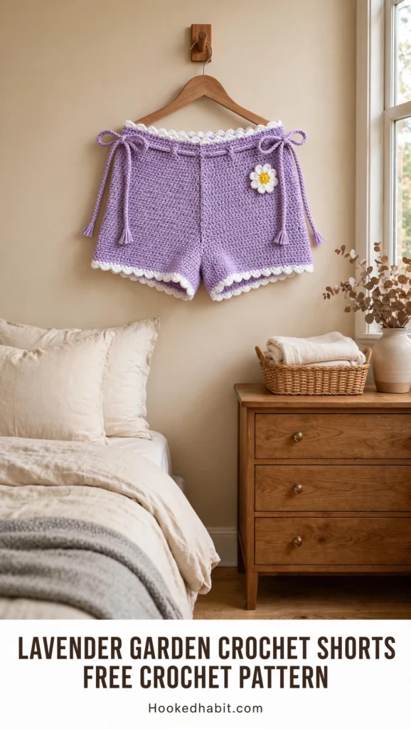 Lavender Garden crochet shorts with white scallop trim