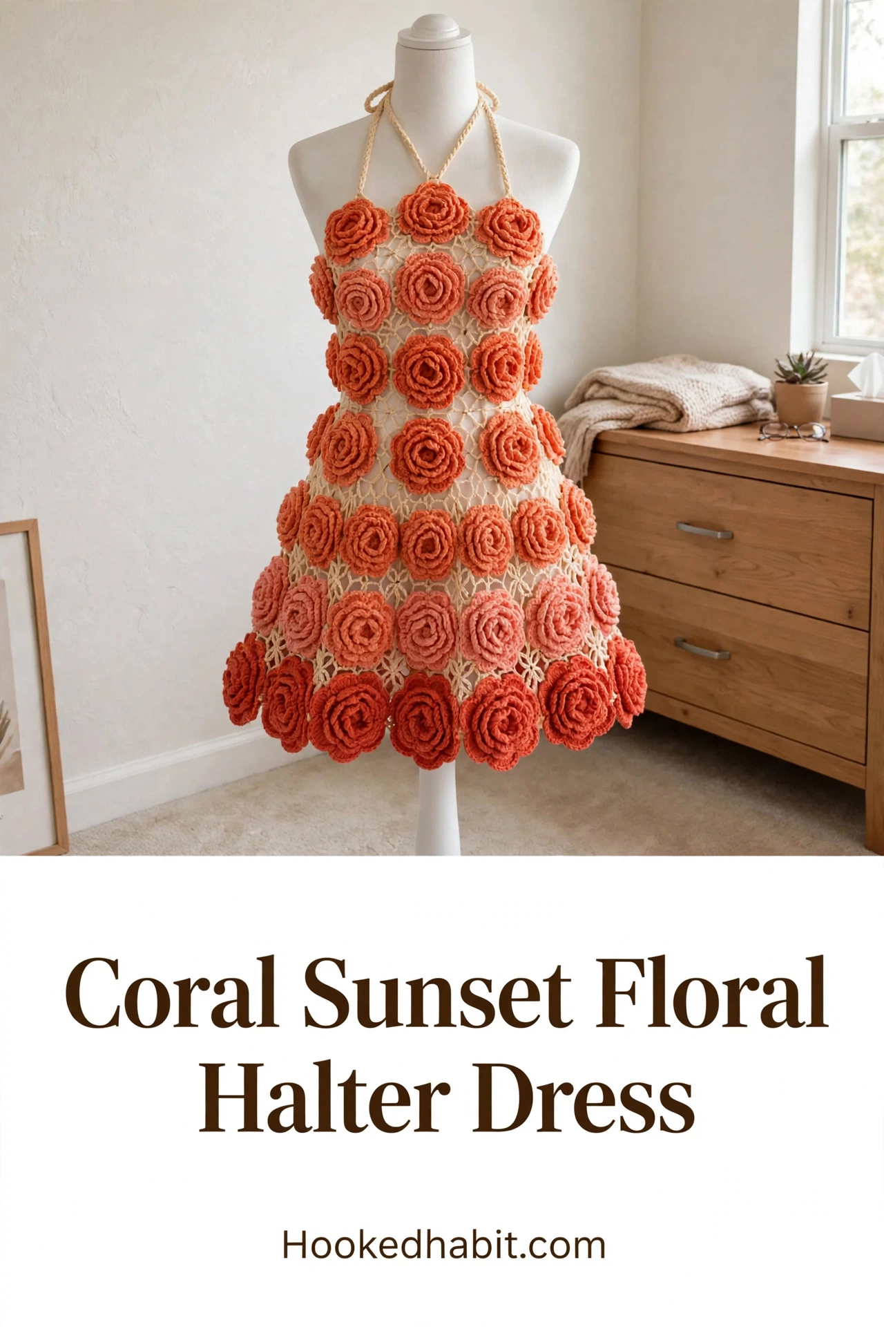 Coral Sunset Floral Halter Dress