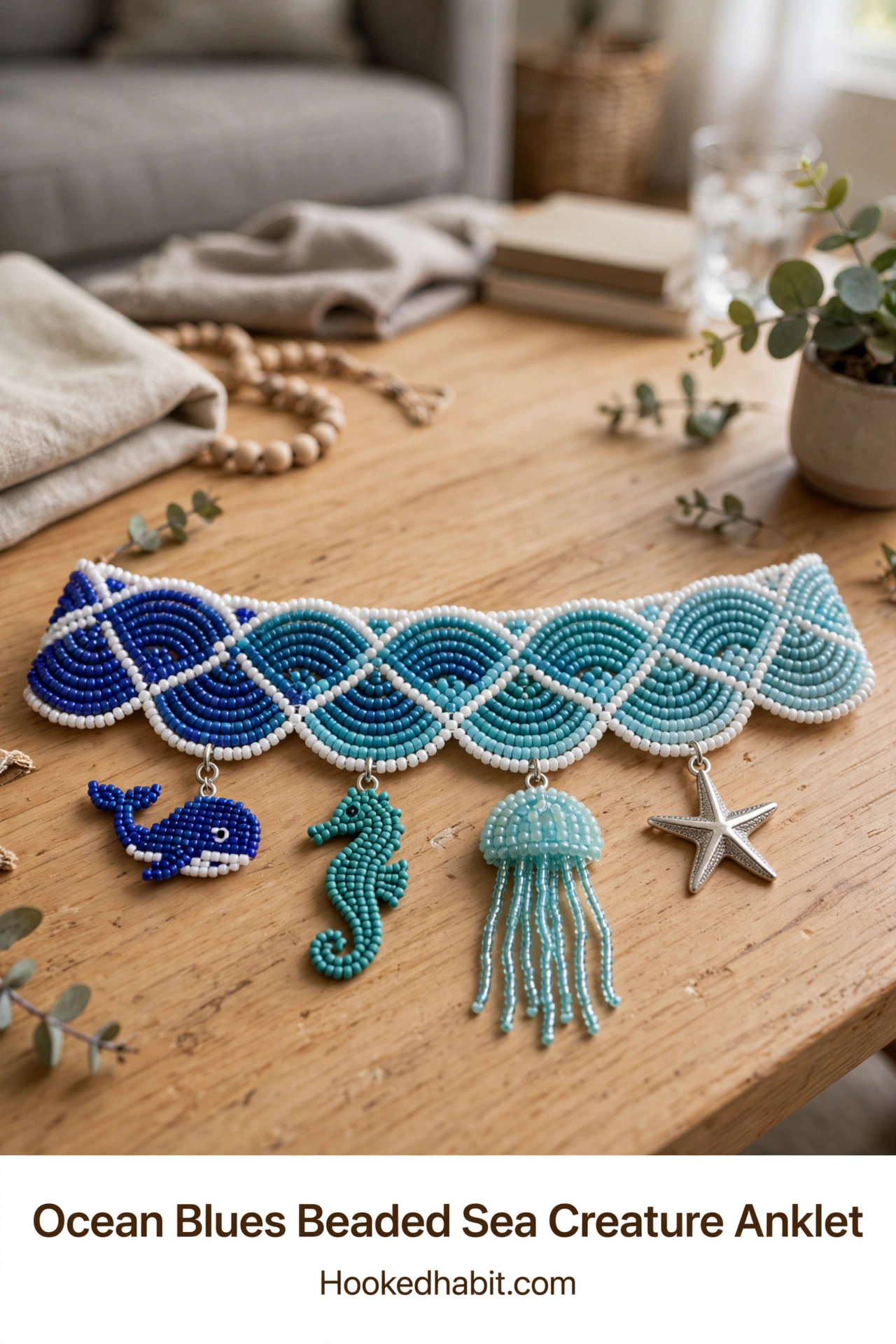 Beaded ocean blues sea creature anklet with whale, seahorse, jellyfish and starfish charms