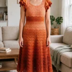 Woman wearing a sunset orange ruffle crochet dress with gradient from peach to terracotta