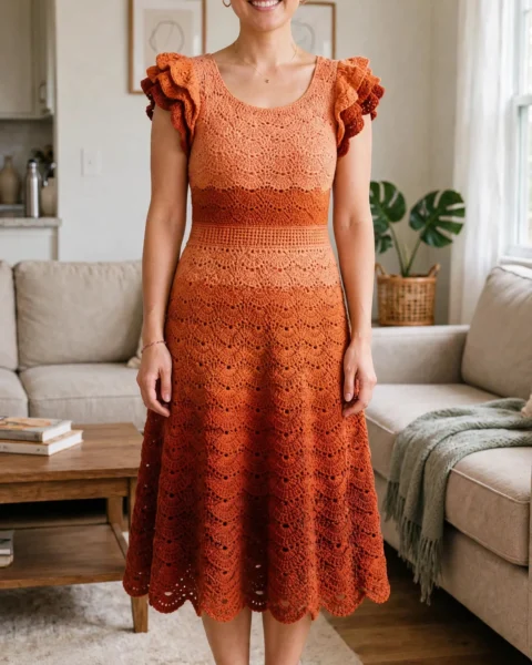 Sunset Orange Ruffle Crochet Dress Free Crochet Pattern