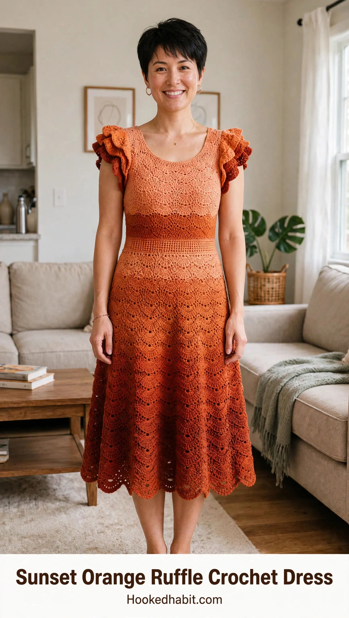 Woman wearing a sunset orange ruffle crochet dress with gradient from peach to terracotta