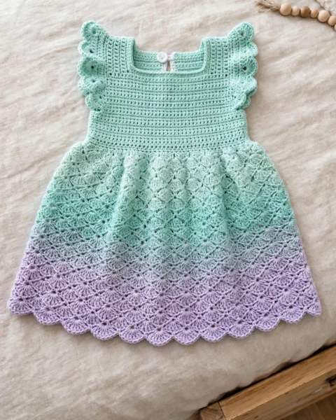 Mint Lavender Shell Stitch Baby Dress Free Pattern