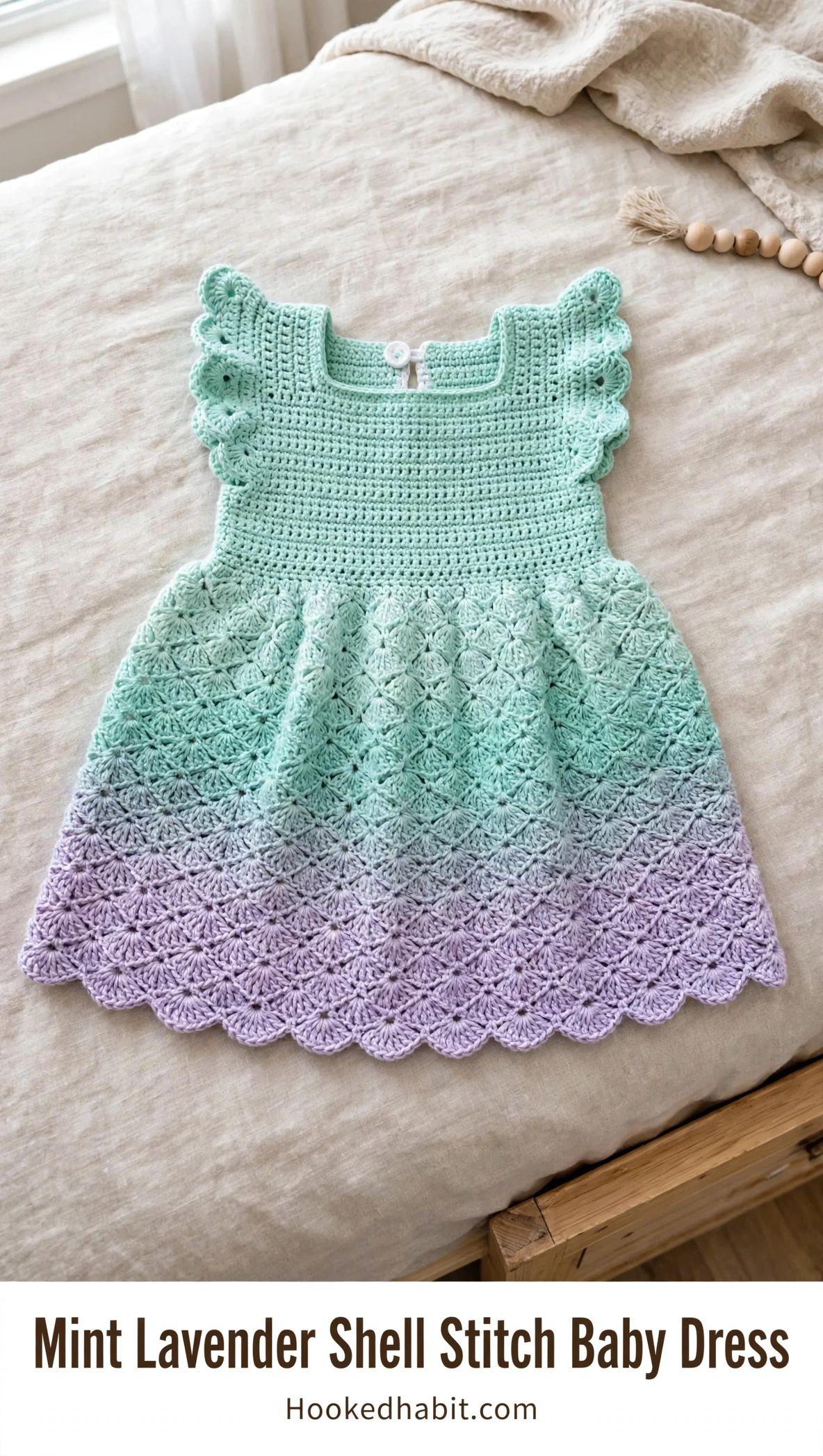 Mint green to lavender gradient shell stitch baby dress with flutter sleeves