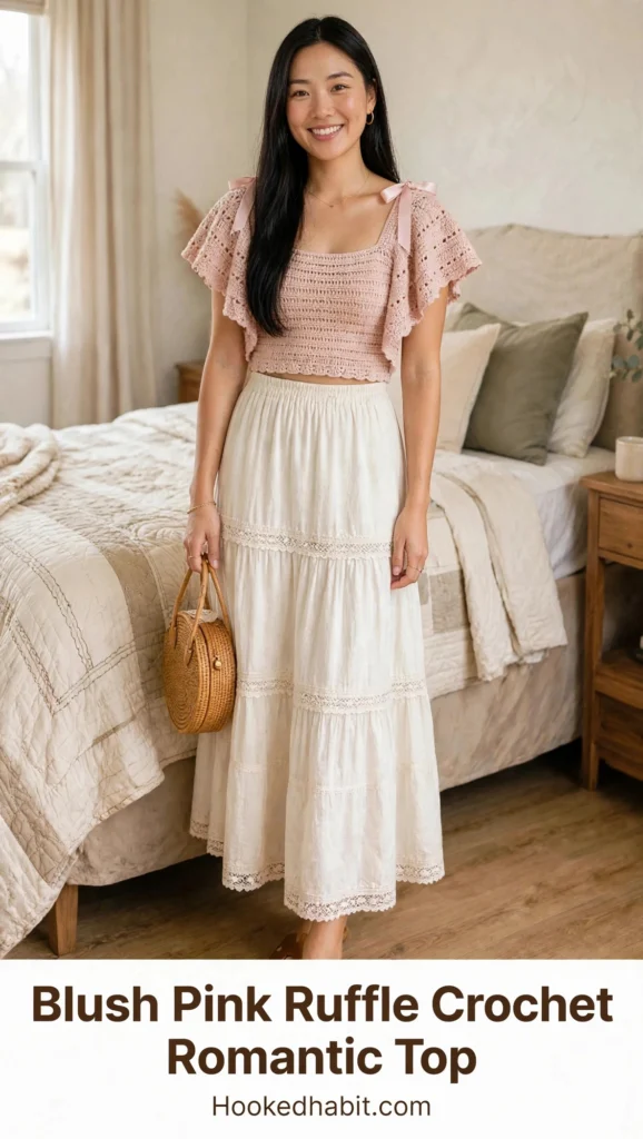 Blush Pink Ruffle Crochet Romantic Top