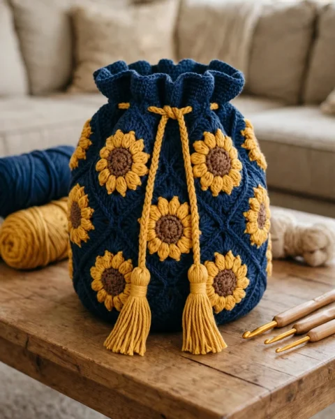Navy Sunflower Drawstring Pouch Free Crochet Pattern