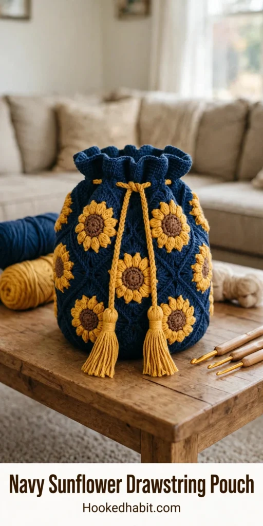 Navy Sunflower Drawstring Pouch