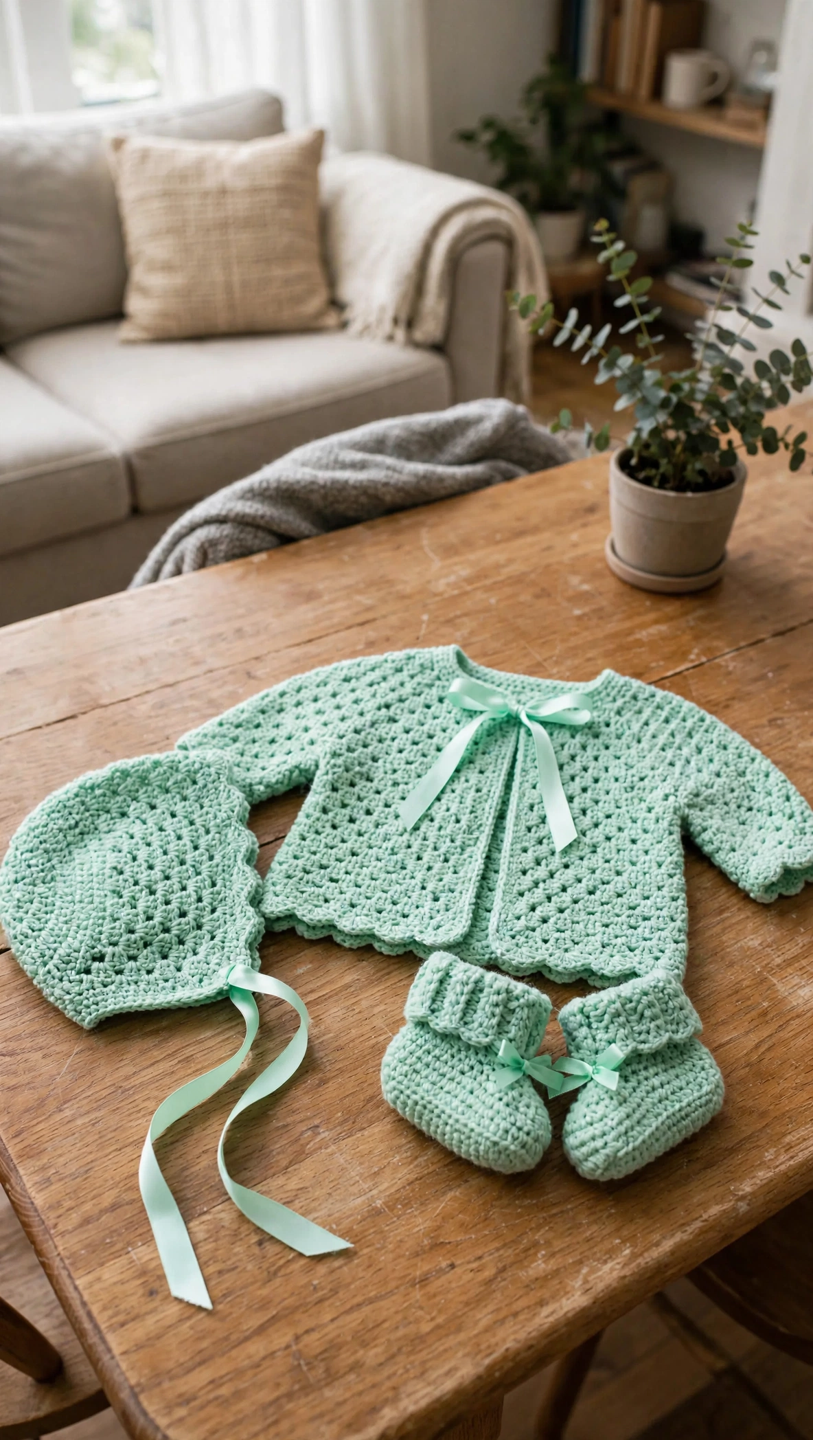 Mint Green Newborn Sweater Set Free Crochet Pattern