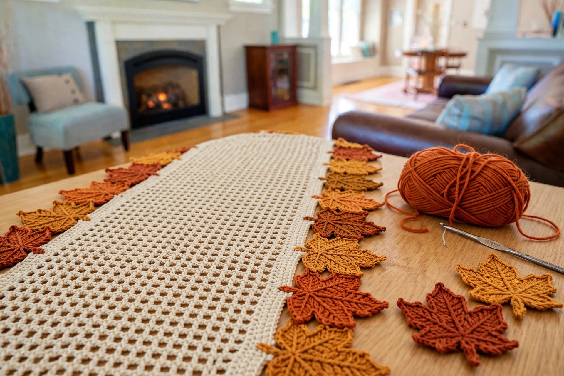 Autumn Rust Maple Leaf Table Runner detail