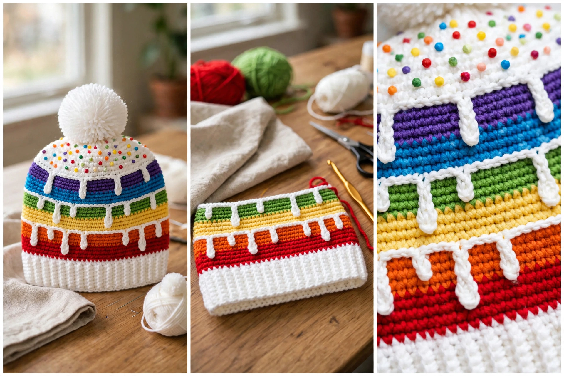 Rainbow beanie: finished hat, striped body with drips, and close-up details