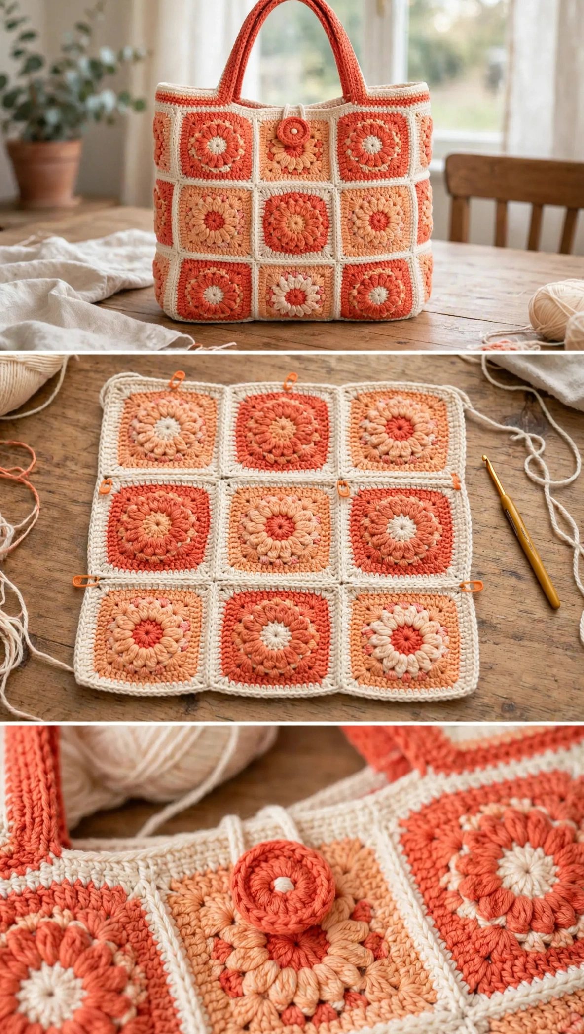 Flower granny squares joining, the finished tote, and the coral button detail