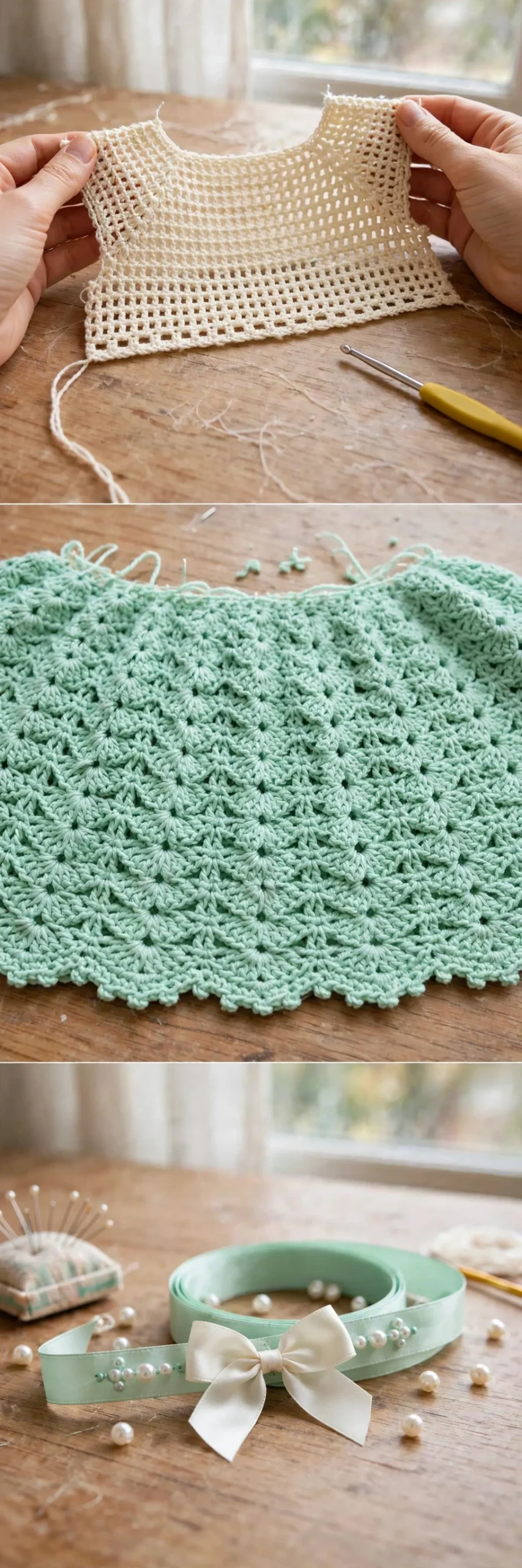 In-progress: mesh bodice, fan shell skirt detail, and ribbon with pearl beads