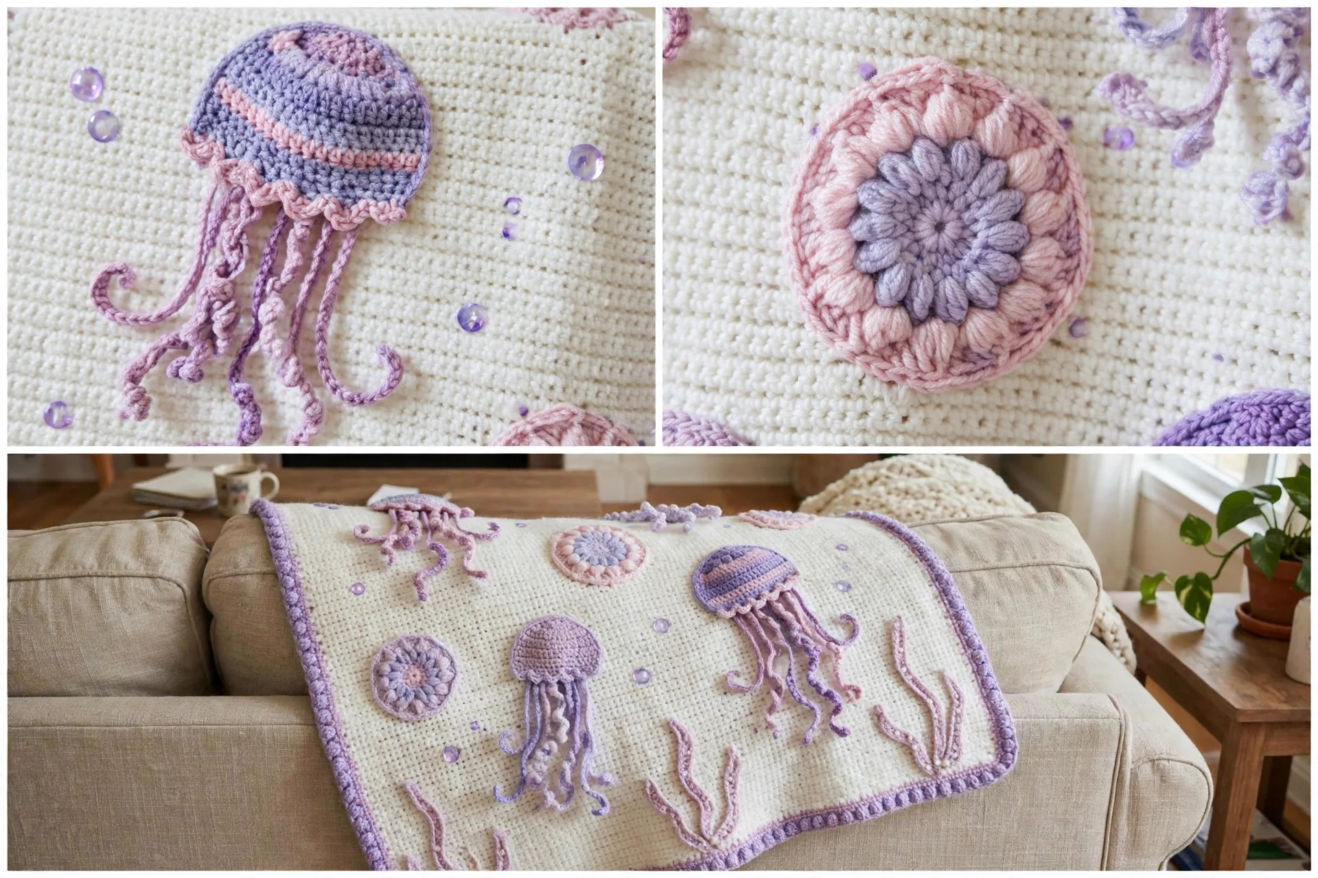 Close-ups of the jellyfish bell, medallion, and the finished blanket