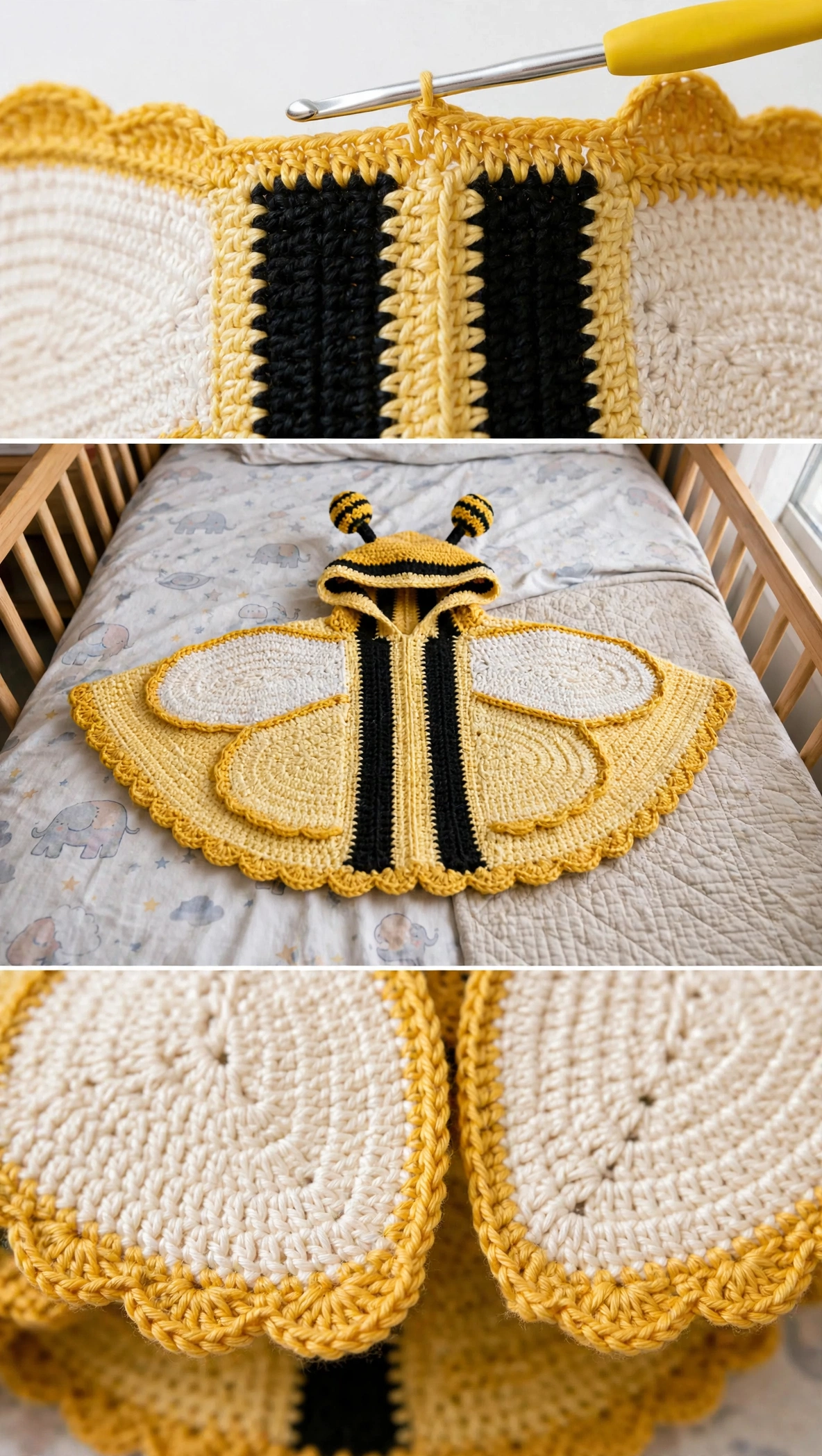 In-progress: striped body, poncho on a bed, and wing close-up