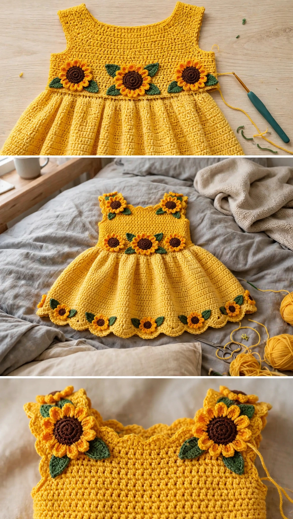 In-progress: sunflower waistline, dress on a bed, and neckline detail