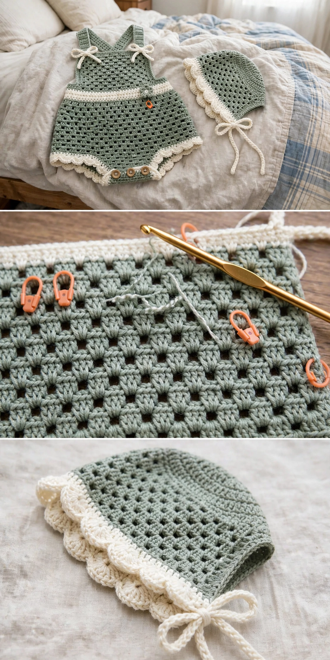 Work in progress: set on a bed, granny grid stitch detail, and bonnet close-up